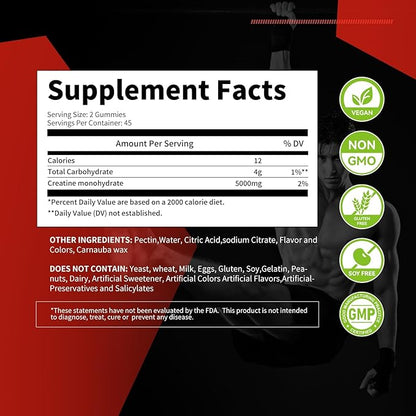 Creatine Monohydrate Gummies for Men & Women, Chewables Creatine Monohydrate for Muscle Strength, Muscle Builder, Energy Boost, Pre-Workout Supplement(90 Count)-Watermelon Flavor. 1 Pack