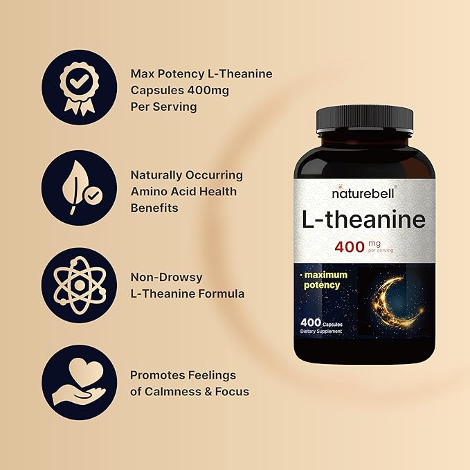 L-Theanine Supplement 400mg Per Serving, 400 Capsules | Max Potency Relaxation & Focus Support – Bioavailable Free Form – Natural Amino Acid – Non-Drowsy – Non-GMO
