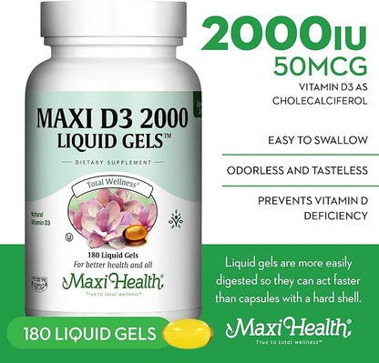 Maxi Health Kosher Vitamin D3 2000IU, Highly Absorbable Vitamin D Supplements for Healthy Immune Response, Calcium Absorption, Teeth & Bone Health - Vit D3 Vitamin 2000 IU - 180 Liquid Gels