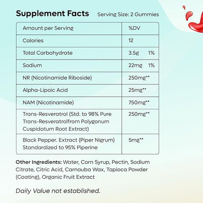 NAD Gummies, NAD Supplement 1000MG, Suger Free NAD+ Gummies, Nicotinamide riboside Resveratrol, Vitamin b3, Anti Aging Supplement, Energy Brain Boost, Watermelon Flavor