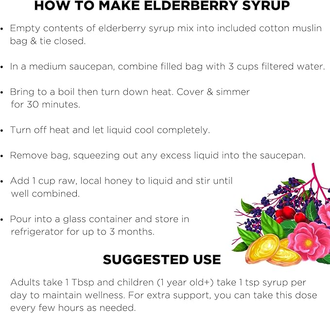 Organic Elderberry Syrup Kit, Makes up to 24 oz, Includes Natural Cotton Brew Bag, USDA Certified Organic Dried Elderberries and Immune Support Herbs, Bulk Kit, 4 oz. (113g)