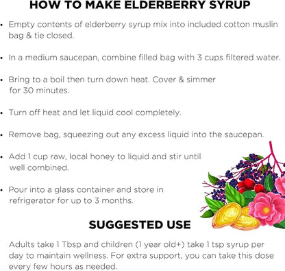 Organic Elderberry Syrup Kit, Makes up to 24 oz, Includes Natural Cotton Brew Bag, USDA Certified Organic Dried Elderberries and Immune Support Herbs, Bulk Kit, 4 oz. (113g)