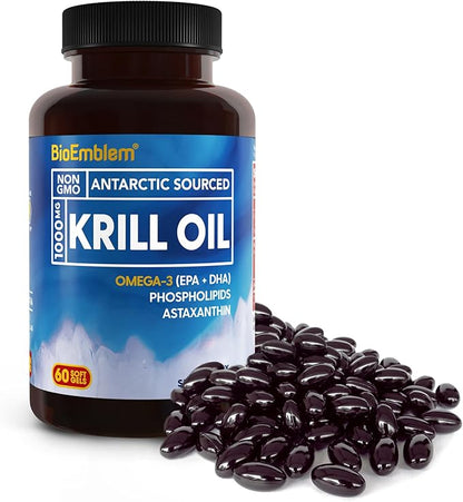 BioEmblem 3 Pack Antarctic Krill Oil 1000mg Softgels, Omega-3s Oil with High Levels of EPA + DHA, Astaxanthin, and Phospholipids, Supports Brain Health, 180-Count Non-GMO, Gluten Free, 90 Days Supply
