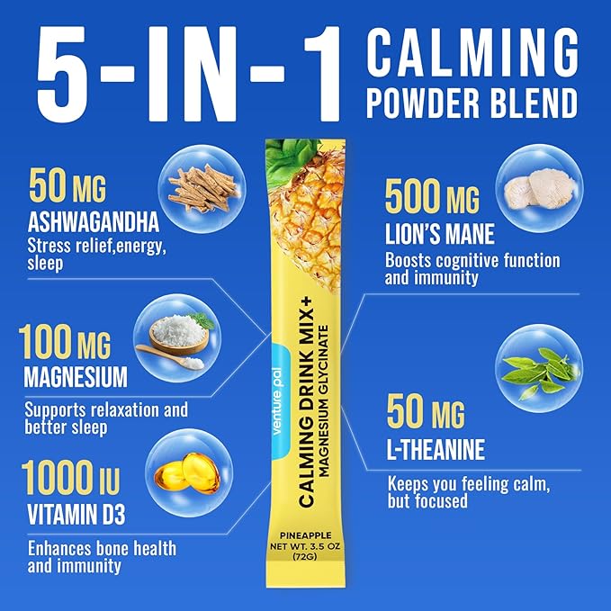 Venture Pal Magnesium Glycinate Powdered Drink Mix with Ashwagandha, Vitamin D, L-Theanine, Lions Mane, Sugar Free Magnesium Supplement Blend for Calm, Relax & Focus, Non GMO, Vegan, 16 Sticks
