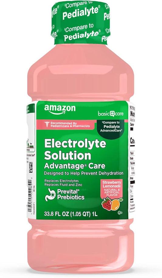 Amazon Basic Care Advantage Care Electrolyte Solution with Prevital Prebiotics, Strawberry Lemonade, Hydration Drink, Replenish Electrolytes, Fluid & Zinc, 33.8 fl oz (Pack of 1)