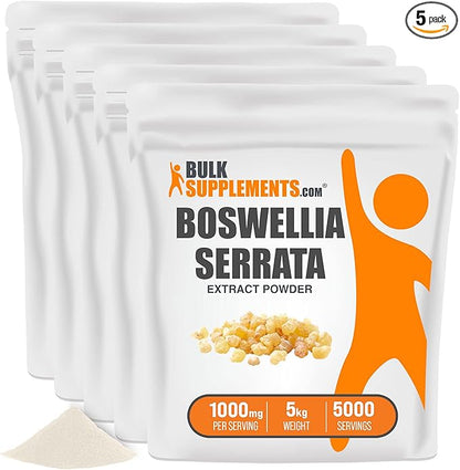 BulkSupplements.com Boswellia Serrata Extract Powder - from Frankincense Resin, Boswellia Serrata Powder - Herbal Supplement, Gluten Free, 500mg per Serving, 5kg (11 lbs) (Pack of 5)