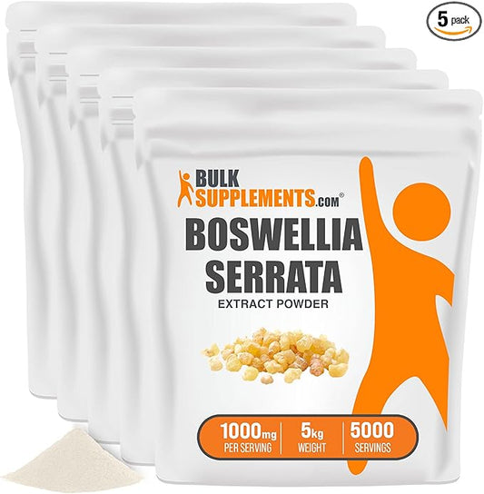 BulkSupplements.com Boswellia Serrata Extract Powder - from Frankincense Resin, Boswellia Serrata Powder - Herbal Supplement, Gluten Free, 500mg per Serving, 5kg (11 lbs) (Pack of 5)