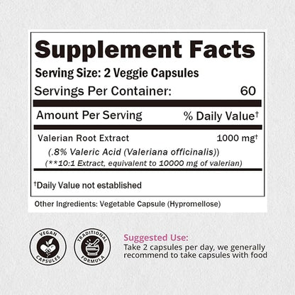 Valerian Root Capsules -Equivalent to 1,0000mg, 4X Concentrated Extract - Highly Concentrated, 120 Capsules