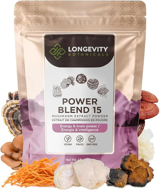 Longevity Botanicals Power 15 Mushroom Blend Extract Powder 100g | Lion’s Mane, Turkey Tail, Reishi, Chaga, Cordyceps, Maitake, Tremella & More | 10:1 Ratio | Complex Mix for Immune & Vitality Support