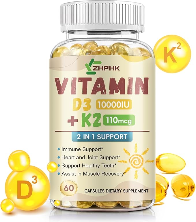 D3 K2 Vitamin 10,000 IU, K2 Vitamin with D3 Supplement High Potency Non-GMO Formula, Immune Supports, Bone & Heart Health Microingredients Vitamin D3 K2 Complex (MK-4 & MK-7), 60 Softgels