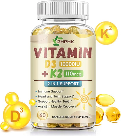 D3 K2 Vitamin 10,000 IU, K2 Vitamin with D3 Supplement High Potency Non-GMO Formula, Immune Supports, Bone & Heart Health Microingredients Vitamin D3 K2 Complex (MK-4 & MK-7), 60 Softgels