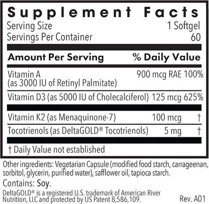 Allergy Research Group Vitamin D3 Complete 5000 IU - Vitamin D3 and K2 Supplement, Daily Balance, with Vitamin A, DeltaGold Tocotrienols, High Potency, Veggie Softgels - 60 Count