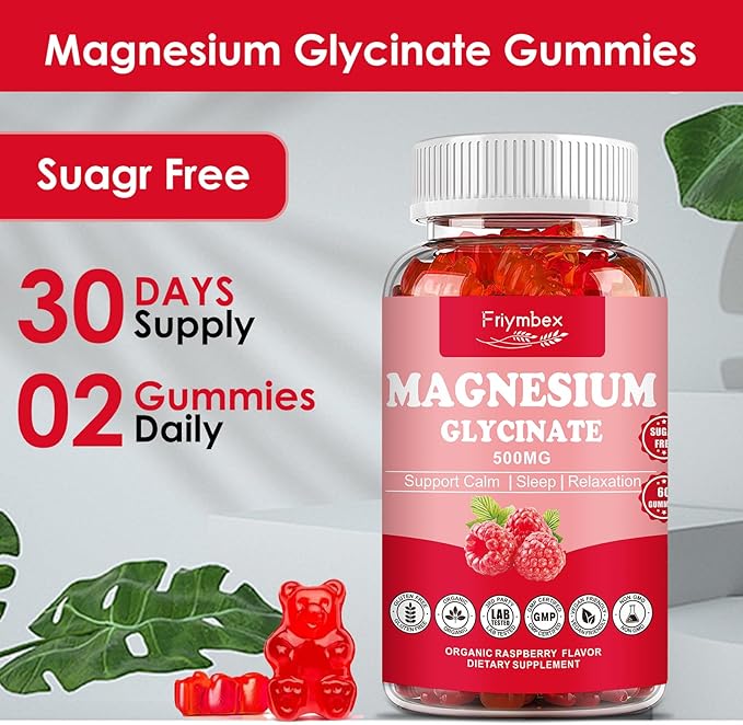 Magnesium Glycinate Gummies 500mg | Relaxation Calm Magnesium Gummies | Sugar-Free | Non-GMO | Gluten-Free | Vegan-Friendly for Adults & Kids (60 Raspberry Gummies)