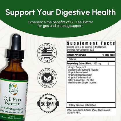 G.I. Feel Better Tincture - Gas & Bloating Support, Digestive Health Formula, Turmeric, Elecampane, Ginger, Cardamom, Herbal Supplement - 2 Fl Oz