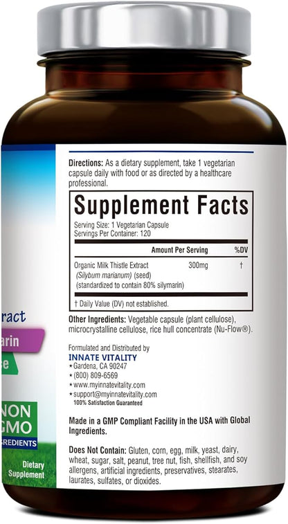 Innate Vitality 50:1 Organic Milk Thistle Supplement, 15000mg Equivalent (300mg Extract), 80% Silymarin Flavonoids, Liver Health, Detox & Cleansing, Made in USA, Non-GMO, 120 Veggie Capsules