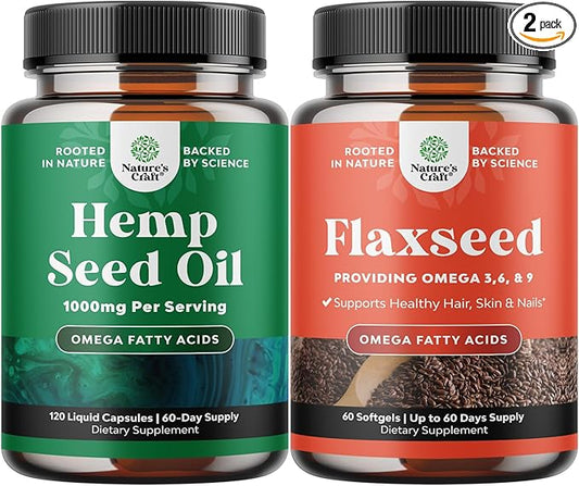 Bundle of Natural Hemp Seed Oil Capsules and Omega Flaxseed Oil 1000mg Softgels - with Essential Fatty Acids for Joint Support - Natural Omega 3 6 9 Supplement for Hair Skin and Nails