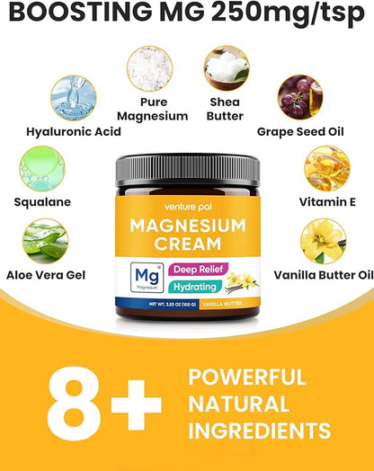 Venture Pal Magnesium Lotion, Topical Magnesium Cream for Sleep, Leg Cramps & Pain, Muscle Relaxation, Calm, Moisturizing Supplement with Coconut Oil, Shea Butter & Hyaluronic Acid, Safe for Kids