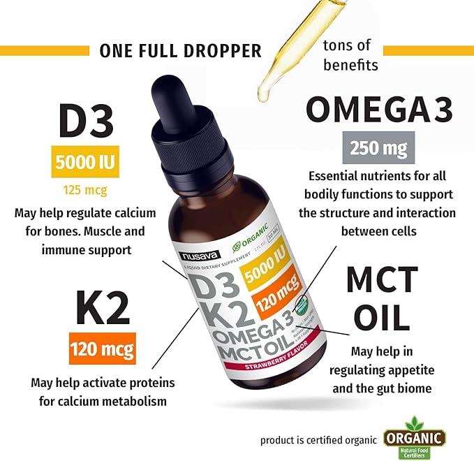 (2 Pack) Organic Vitamin D3 K2 Drops 5000 IU with MCT Oil Omega 3 - Maximum Strength Liquid D3 with No Fillers, Non-GMO for Faster Absorption, Immune Support (Strawberry, 2 Fl Oz)