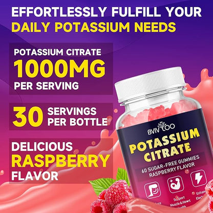 Potassium Citrate Gummies for Adults, Sugar-Free Potassium Gummies 1000mg Support Leg Cramps & Electrolyte Balance High Potency Potassium Supplement Gummies 120 Count