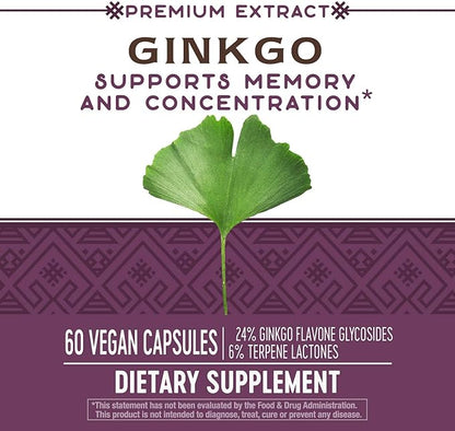 Nature's Way Ginkgo Premium Extract, Supports Memory & Concentration*, 120 mg Ginkgo Biloba Extract per 2-Capsule Serving, with Gotu Kola, Vegan, No Gluten, 60 Capsules (Packaging May Vary)