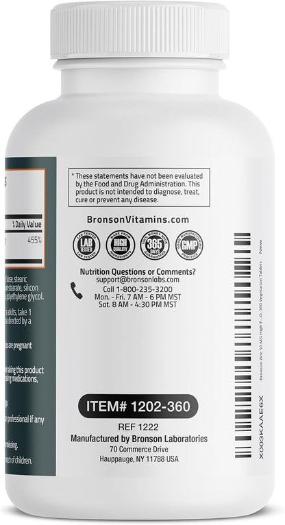 Bronson Zinc 50 MG High Potency One Year Supply Supports Immune, Antioxidant & Skin Health - Non-GMO, 360 Vegetarian Tablets