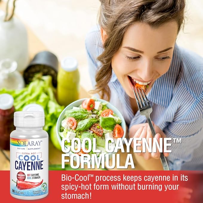 SOLARAY Extra Hot Cool Cayenne 100,000 HU - Traditional Folk Remedy and Digestion Aid - Bio-Cool Process - Lab Verified, GMP Facility, 60-Day Guarantee - 45 Servings, 90 VegCaps