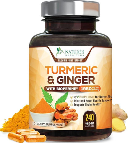 Turmeric Curcumin Supplement 1950mg with Organic Turmeric & Ginger, 95% Curcuminoids, BioPerine Black Pepper for Best Absorption, Nature's Vegan Joint Support, Non-GMO, Bottled in USA - 240 Capsules