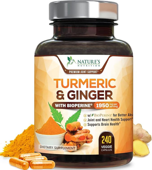 Turmeric Curcumin Supplement 1950mg with Organic Turmeric & Ginger, 95% Curcuminoids, BioPerine Black Pepper for Best Absorption, Nature's Vegan Joint Support, Non-GMO, Bottled in USA - 240 Capsules