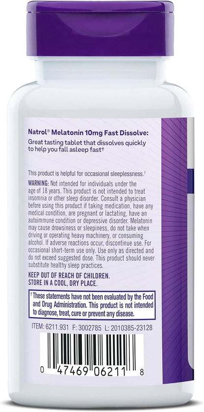 Natrol Fast Dissolve Melatonin 10 mg, Melatonin Supplements for Restful Sleep, Sleep Support for Adults, 60 Strawberry-Flavored Tablets, Up to a 60 Day Supply