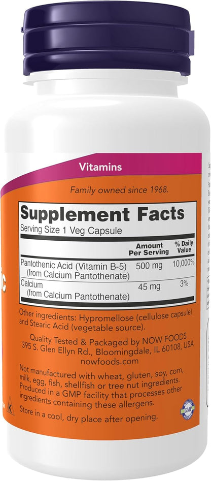 NOW Foods Supplements, Pantothenic Acid (Vitamin B-5) 500 mg, B-Complex Vitamin, 100 Capsules