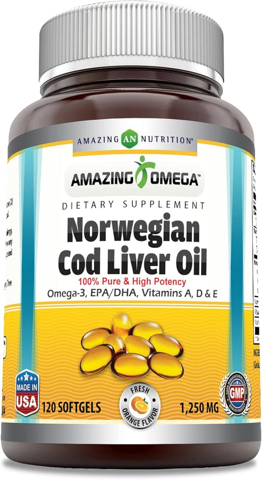 Amazing Omega Norwegian Cod Liver Oil 1250 mg 120 Softgels Supplement (Fresh Orange Flavor)