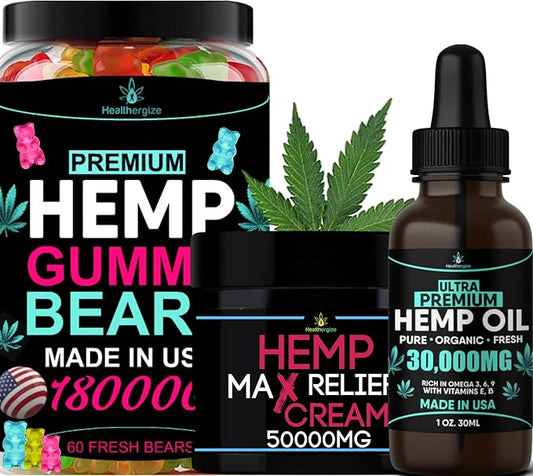 3Pack Hemp Gummies Hemp Cream Hemp Oil Variety Combo Set-Relief, Soothing, Discomfort, Sleep, Relax-Full Body High Care-Made in USA