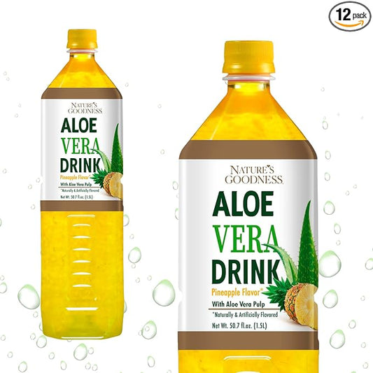Nature's Goodness Aloe Vera Drink with Pulp Pineapple Flavor -12 Pack Case - 50.7 Fl Oz (1.5 L) Each - Total 18 Liters - Refreshing Beverage with Real Aloe Vera Juice