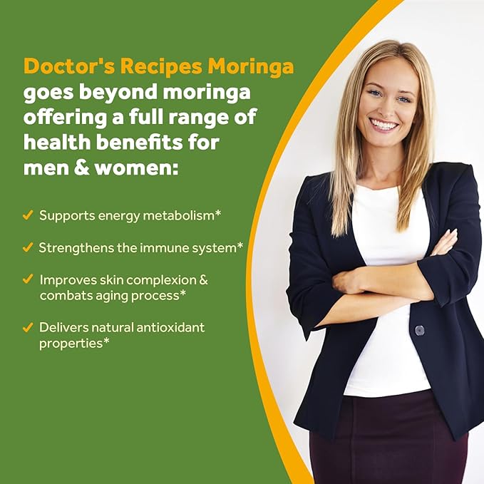 Doctor's Recipes Moringa 11,000 mg Strength, Complete Green Superfood, Natural Antioxidant Support, Non-GMO, 90 Vegan Caps, No Caffeine Soy Gluten