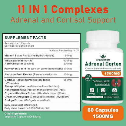 11-in-1 Adrenal Support Supplement, Cortisol Supplement with Pantothenic Acid and Ashwagandha - Supports Healthy Adrenal Function, Energy and Relaxation- 60 Capsules