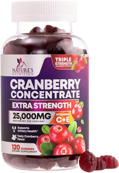 Cranberry Supplement Gummies + Vitamin C - Made with 25,000mg 50:1 Cranberry Extract to Help Cleanse and Protect The Urinary Tract, Nature's Chewable Cranberry Pills for Women, Non-GMO - 120 Gummies