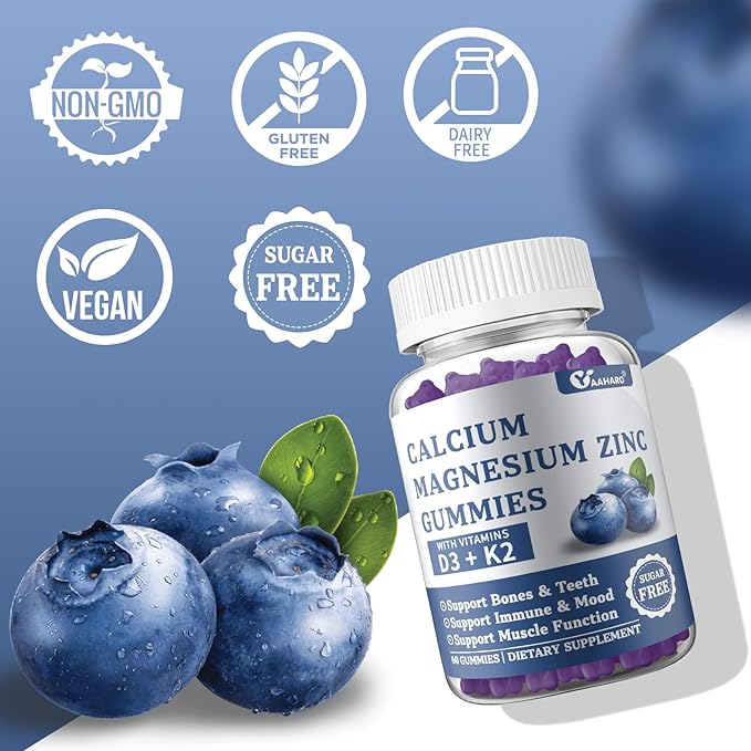 Calcium Magnesium Zinc Gummies with Vitamin D3 & K2 - Sugar Free Calcium Gummies for Women and Men - Bone & Immune Support - Non-GMO, Gluten-Free, Blueberry Flavored - 60 Gummies