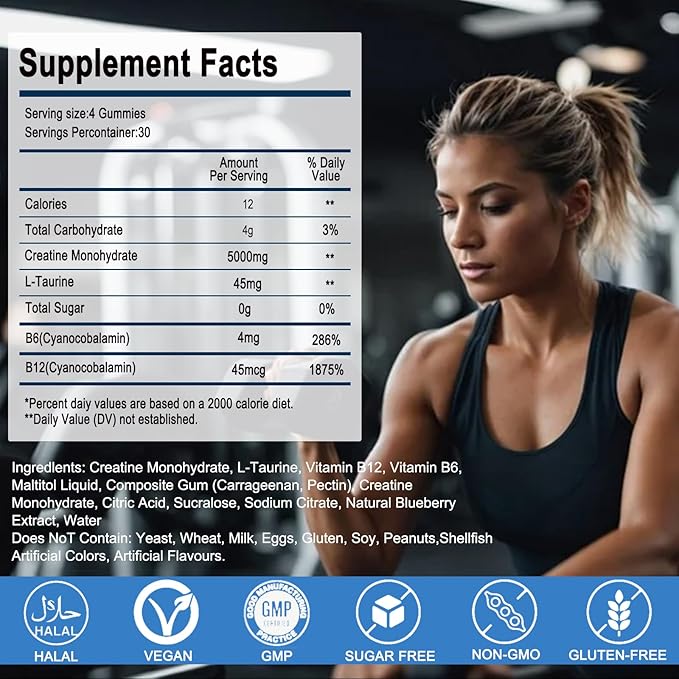 Creatine Monohydrate Gummies 5000g for Men Women, Sugar Free Chewables Creatine Pre-Workout Supplement with L-Taurine + Vitamins for Muscle Strength, Boost Energy & Endurance,120 Gummies-Blueberry