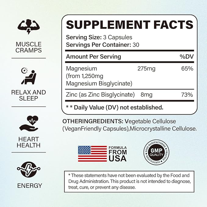 Pure Magnesium Glycinate with Zinc – High Potency Chelated Magnesium Supplement, Relieves Muscle Spasms and Promotes Sleep – 90 Capsules – for Women and Men