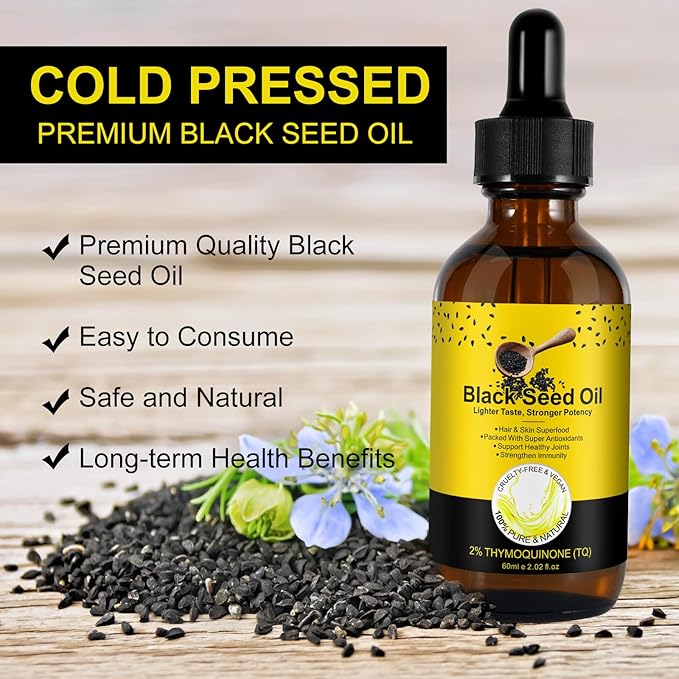 Black Seed Oil Organic Cold Pressed Organic Black Seed Oil 100% Pure And Natural Liquid, Enriched With High Tq & Dynamic Harmony Of Omegas 3 6 9 For Dry Damaged Hair Growth Skin Care Nourishment