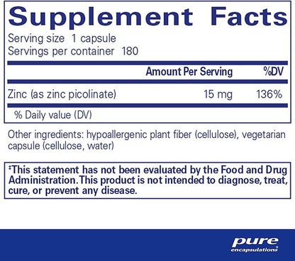 Pure Encapsulations Zinc 15 mg - Zinc Picolinate Supplement for Immune System Support, Growth & Development - for Wound Healing - 180 Capsules