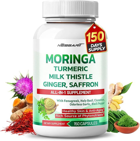 Moringa Supplement - 10-in-1 Natural Blend with Turmeric Milk Thistle Ginger Saffron Fenugreek Holy Basil Ceylon Cinnamon - 150 Count - Made & Tested in The USA