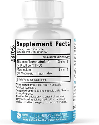 Nature's Fusions TTFD Thiamine B1 Supplement - 100mg 60 Servings - with 8mg Magnesium - No Toxic Fillers - TTFD Thiamine Tetrahydrofurfuryl Disulfide - Third Party Lab Tested - Nutri Supplements