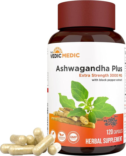 Organic Ashwagandha Capsules Extra Strength 3000mg with Black Pepper Extract - Stress Relief, Mood Enhancer, Energy Support - Non-GMO, Vegan, Gluten Free (120)