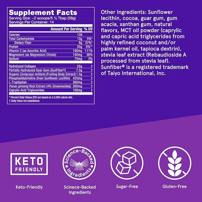 Bulletproof Dark Chocolate Energy Collagen Protein, 19.3 Ounces, Caffeine-Free Fuel with Vitamins and Antioxidants, Blend with Ginseng, Magnesium, Cordyceps Mushroom