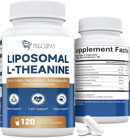 Liposomal L-Theanine 800mg with GABA, Magnesium, Ashwagandha, Phosphatidylserine, Vitamin B6 & B12 - Calm, Sleep, Relaxation & Mood Support for Women & Men, Vegan - 120 Capsules