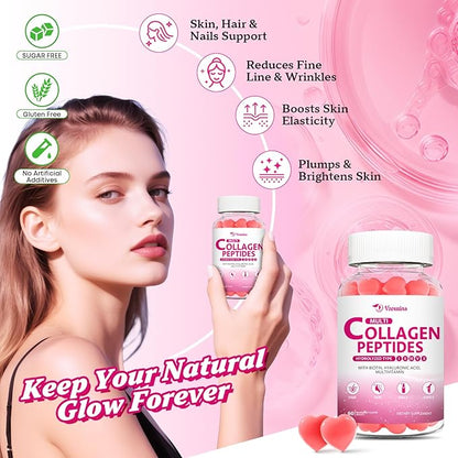 Multi Collagen Peptides Gummies, Collagen Gummies for Women & Men, Type I,II,III,V,X Protein with Biotin, Hyaluronic Acid, Vitamin C for Healthy Skin Support, Strawberry Flavored, Sugar Free, 60Cts