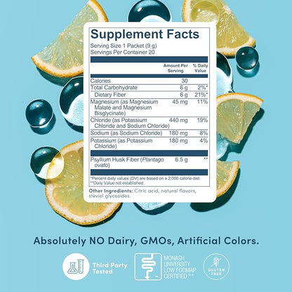 Fiber Rescue Lemonade 20 Count Travel Packs (6g Per Packet) - Psyllium Husk Powder for Digestive Health & Bloating Relief, Gluten Free, Sugar Free Prebiotic Fiber Powder, Non-GMO Fibre Supplement