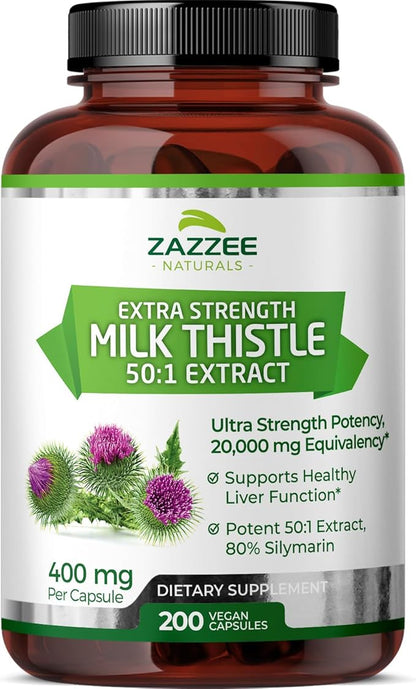 Zazzee Organic Milk Thistle 50:1 Extract, 20,000 mg Strength, 200 Vegan Capsules, 80% Silymarin Flavonoids, Over 6 Month Supply, Standardized and Concentrated 50X Extract, All-Natural and Non-GMO