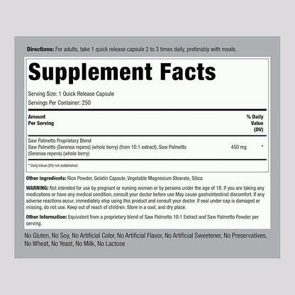 Piping Rock Saw Palmetto 450mg | 250 Capsules | Extract Supplement | Non-GMO, Gluten Free